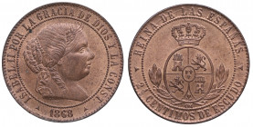 1868. Isabel II (1833-1868). Segovia. 2,5 Céntimos de Escudo. CM. A&C . Cu. 6,21 g. EBC+ / SC-. Est.90.