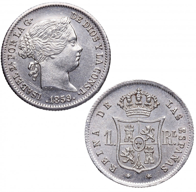 1859. Isabel II (1833-1868). Madrid. 1 Real. A&C 308. Ag. 1,23 g. Bella. Brillo ...