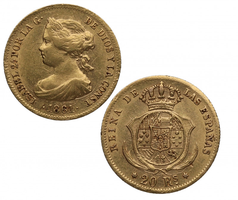 1861. Isabel II (1833-1868). Madrid. 20 Reales. A&C 672. Au. 1,65 g. Marquitas. ...