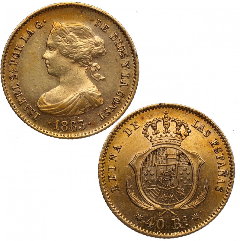 1863. Isabel II (1833-1868). Barcelona. 40 Reales. A&C 677. Au. 3,37 g. ESCASA. ...