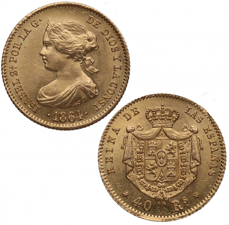 1864. Isabel II (1833-1868). Madrid. 40 Reales. A&C 678. Au. 3,30 g. SC-. Est.35...