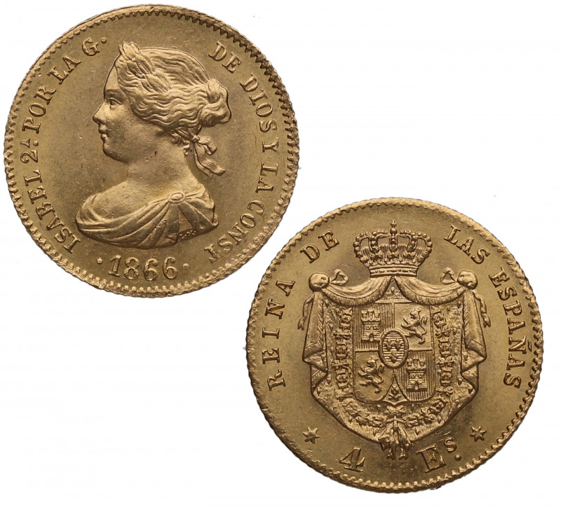 1866. Isabel II (1833-1868). Madrid. 4 Escudos. A&C 689. Au. 3,33 g. EBC+. Est.3...