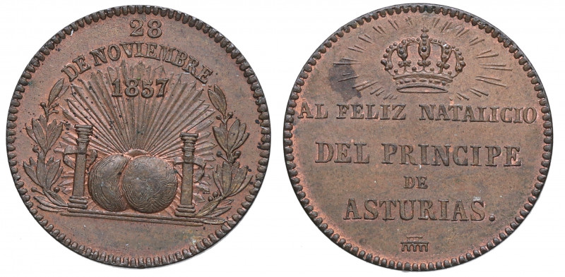 1857. Isabel II (1833-1868). Segovia. Medalla Natalicio. Cu. 4,30 g. SC-. Est.50...