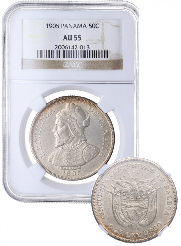 1905. Panamá. 50 Centésimos de Balboa. Ag. Encapsulada por NGC en AU55. Muy ESCA...