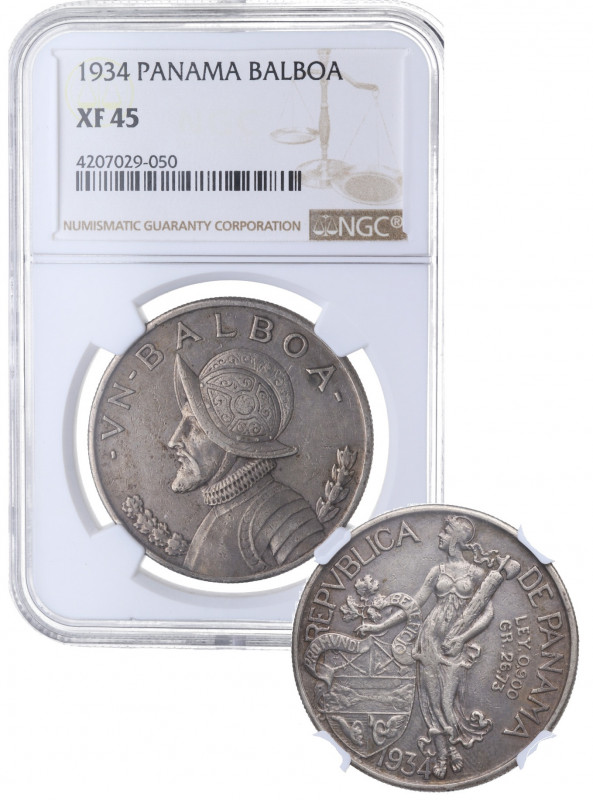 1934. Panamá. Balboa. Ag. Encapsulada por NGC en XF 45. ESCASA. EBC-. Est.120.