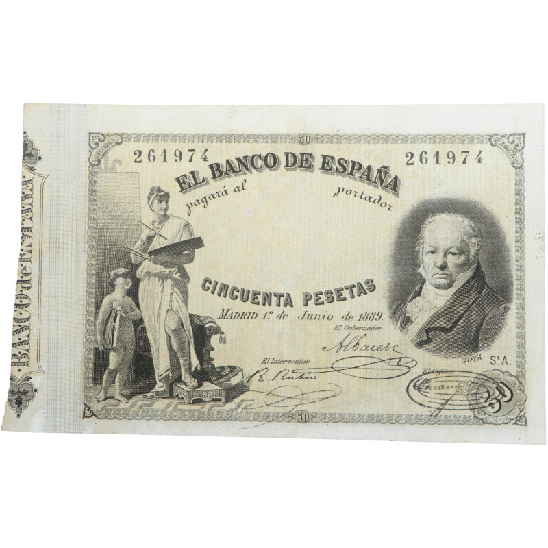1889. Alfonso XIII (1886-1931). Madrid. 50 Pesetas. Pick# 40. Doblez pero papel ...