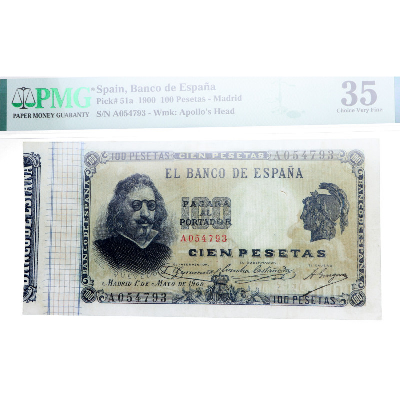 1900. Alfonso XIII (1886-1931). Madrid. 100 Pesetas. Pick# 51a. Encapsulado por ...