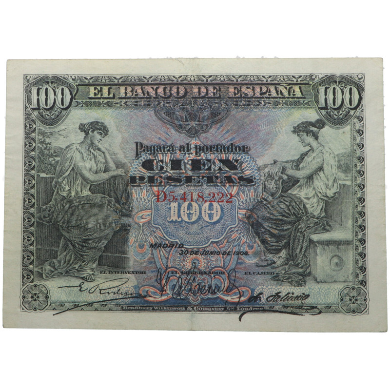 1906. Alfonso XIII (1886-1931). 100 pesetas. Doblez central. Atractivo ejemplar....