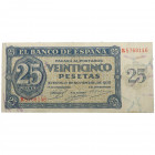1936. Estado Español (1936-1975). 25 pesetas. Doblez central. Atractivo ejemplar. Escaso así, sin manipulaciones. EBC. Est.110.