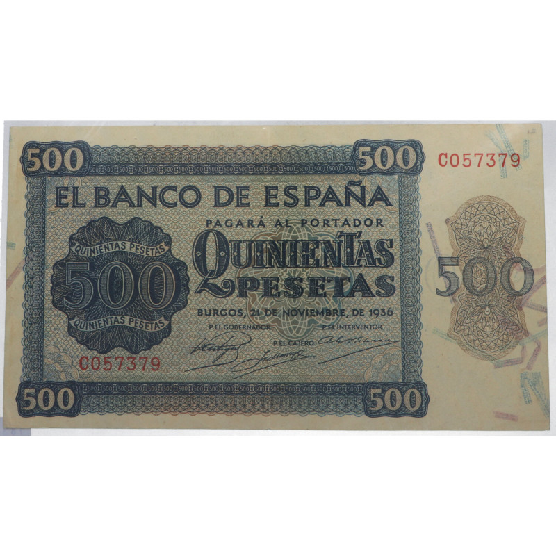 1936. Estado Español (1936-1975). Burgos. 500 pesetas. SERIE C. Parte de apresto...