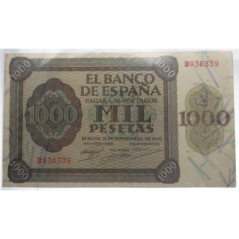 1936. Estado Español (1936-1975). Burgos. 1000 pesetas. SERIE B. Parte de aprest...