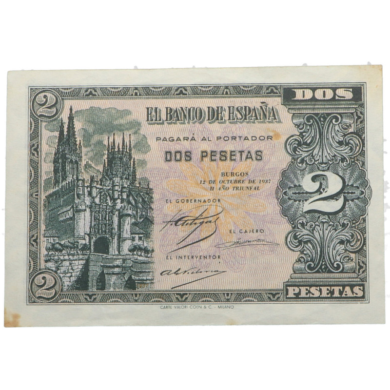 1937. Estado Español (1936-1975). 2 Pesetas. OCTUBRE. Doblez central. Manchitas....