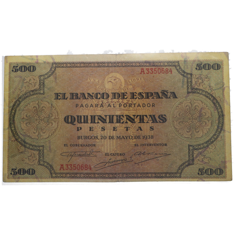 1938. Estado Español (1936-1975). Burgos. 500 pesetas. SERIE A. Restos de aprest...