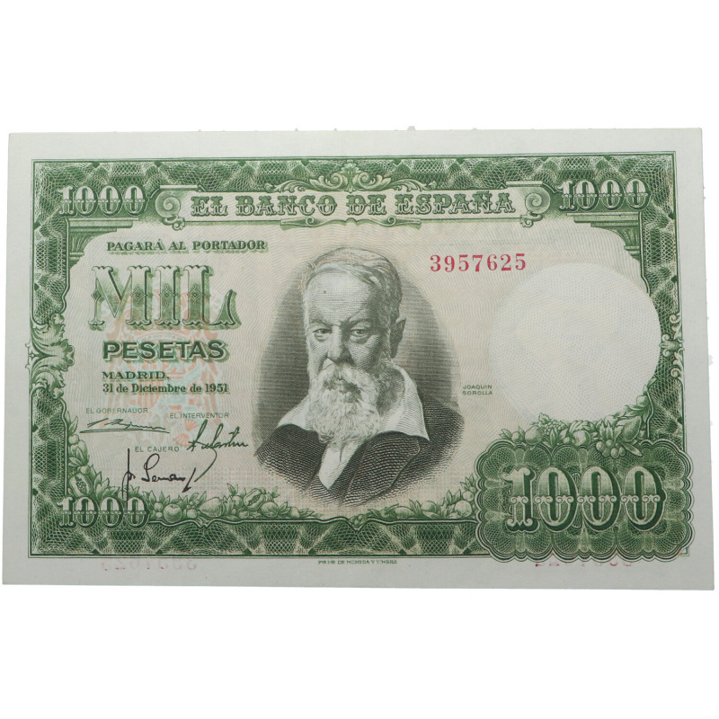 1951. Estado Español (1936-1975). Madrid. Sorolla. 1000 pesetas. SIN SERIE. Gran...