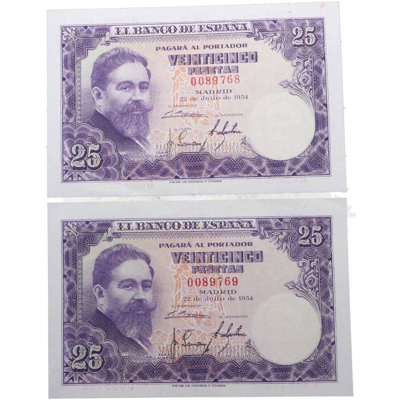 1954. Estado Español (1936-1975). Pareja 25 pesetas. Doblez central. Atractivos ...