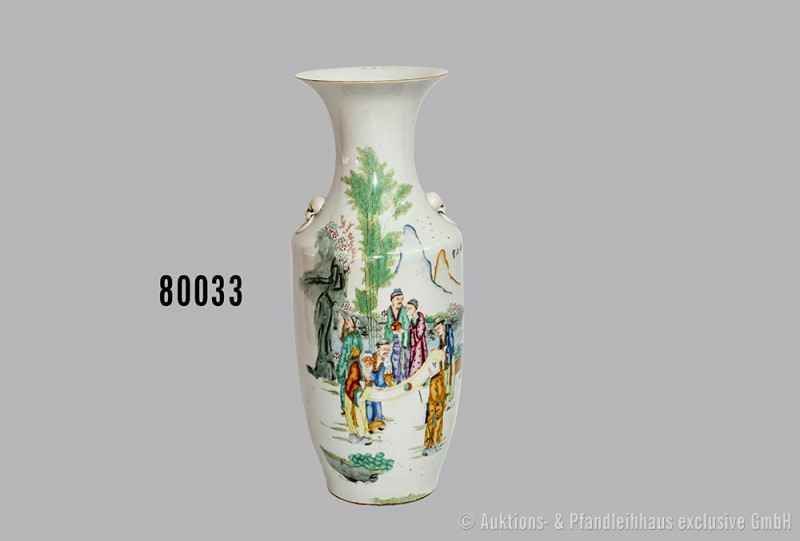 Große Vase, Porzellan, Balusterform, zwei plastische stilisierte Fo-Hund Handhab...