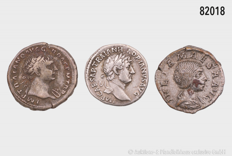 Konv. 3 römische Denare, dabei Traian, Hadrian und Julia Maesa, aus alter deutsc...