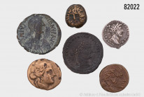 Konv. 6 antike Münzen, dabei Denar des Marc Aurel, Follis des Justianus, Bronze aus Amisos, etc., gemischter Zustand, aus alter deutscher Sammlung, bi...