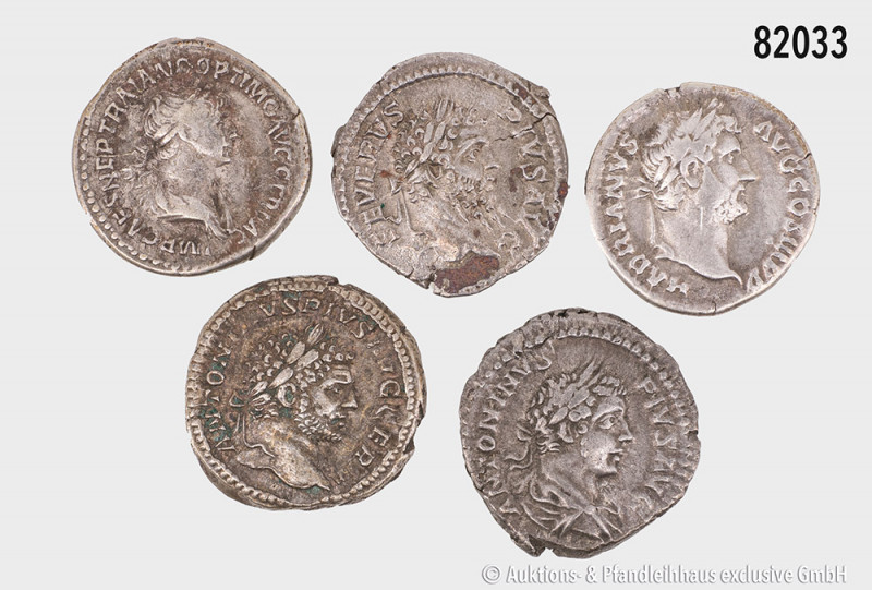 Konv. 5 römische Denare, dabei Traian, Hadrian, Septimius Severus und Caracalla,...