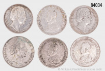 Konv. 6 Silbermünzen Altdeutschland, bestehend aus Bayern, Siegestaler (2 St., davon 1 x mit Henkelspur), Mariengulden 1855, dazu Preußen, Taler 1818 ...