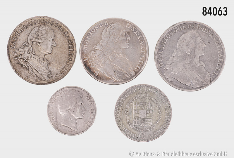 Konv. Bayern 1756, 1768 und 1778, Gulden 1844 und Hessen-Kassel Taler 1832, gemi...