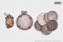 Konv. Deutsches Reich, 1 Mark 1914 G, 8 x 1/2 Mark, verschiedene Jahrgänge, dazu Niederlande 1 Gulden 1958, als Anhänger gefasst in 835er Silber und e...