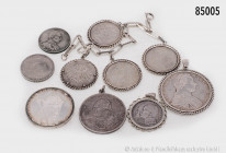Konv. 10 Silbermünzen bzw. -medaillen, teilweise gefasst in Silber, 1 x gehenkelt, gemischter Zustand, bitte besichtigen, Gesamtgewicht ca. 190 g