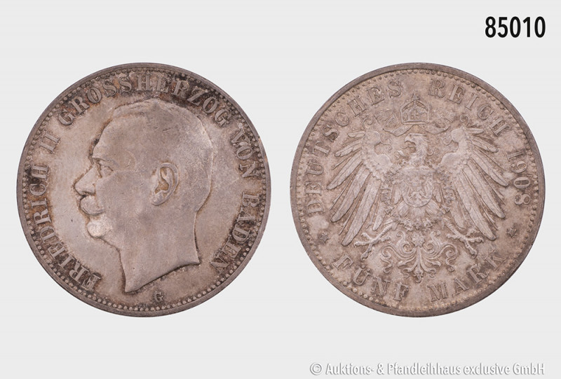 Baden, Friedrich II. (1907-1918), 5 Mark 1908 G, 27,73 g, 38 mm, AKS 164, Jaeger...