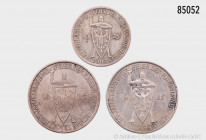 Konv. 2 x 5 RM 1925 A, Jaeger 322 und 1 x 3 RM 1925 A, Jaeger 321, Jahrtausendfeier der Rheinlande, Randfehler und Kratzer, Patina, sehr schön, bitte ...