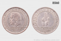 Weimarer Republik, 5 RM 1929 G, Hindenburg Schwurhand, 10. Jahrestag der Reichsverfassung, 500er Silber, 24,04 g, 36 mm, Jaeger 341, selten, Auflage n...