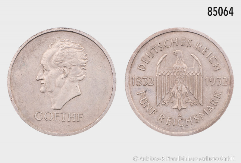 Weimarer Republik, 5 RM 1932 A, zum 100. Todestag Goethes, 500er Silber, 24,87 g...