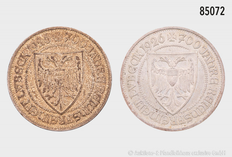 Konv. 2 x 3 RM 1926 A, 700 Jahre Reichsfreiheit Lübeck, 500er Silber, Jaeger 323...