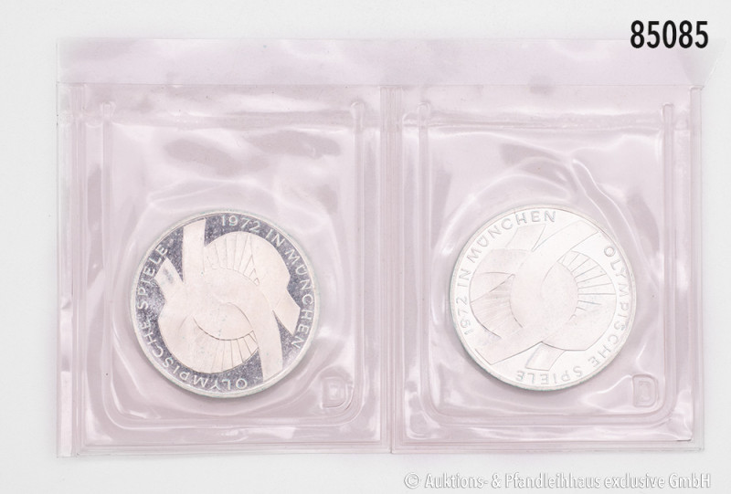 BRD, Konv. 2 x 10 DM 1972 D, Olympiade München, Silber, J. 402, PP, original ein...