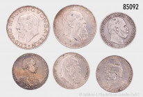 Konv. 6 Silbermünzen Deutsches Kaiserreich, dabei Bayern, Prinzregent Luitpold 2 und 3 Mark 1911, Ludwig III. 3 Mark 1914, Preußen 1876 C, 2 Mark 1901...