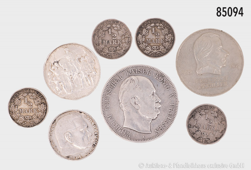Konv. Verschiedenes, dabei Preußen 5 Mark 1876 A, 3 Mark 1913 A Befreiungskriege...