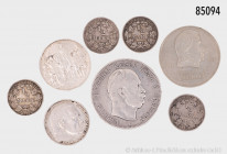 Konv. Verschiedenes, dabei Preußen 5 Mark 1876 A, 3 Mark 1913 A Befreiungskriege, Drittes Reich 2 Mark 1938 E, Hindenburg, 4 x 1/2 Mark Kaiserreich Si...