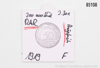 Weimarer Republik, 50 Pfennig 1919 F, Aluminium, AKS 37, Jaeger 301, Auflage 160.000 Exemplare, selten in dieser Erhaltung, vorzüglich/prägefrisch