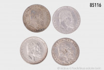 Württemberg, Konv. 4 x 3 Mark (1908, 1910, 1912 und 1914), Jaeger 175, Patina, teilweise kleine Fehler, sehr schön, bitte besichtigen