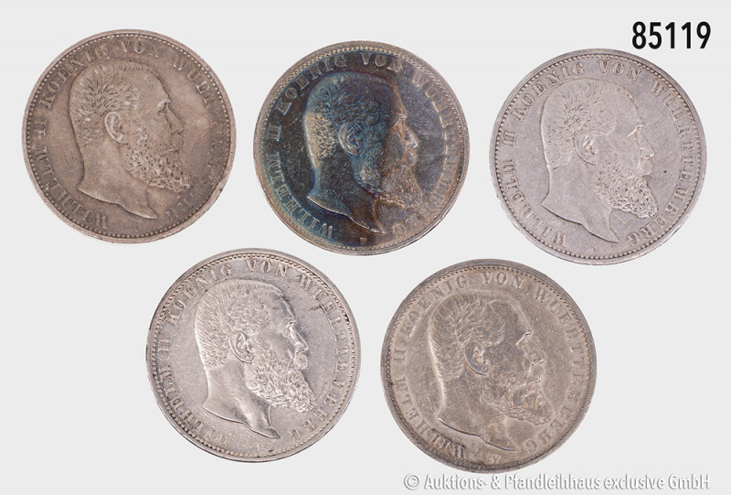 Württemberg, Konv. 5 Mark 1902, 1903, 1904, 1907, 1908, Jaeger 176, Patina, klei...