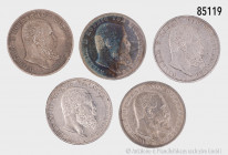 Württemberg, Konv. 5 Mark 1902, 1903, 1904, 1907, 1908, Jaeger 176, Patina, kleine Fehler, teilweise etwas berieben, schön-sehr schön, bitte besichtig...