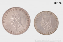 Drittes Reich, Konv. 5 und 2 RM 1934 F, Friedrich Schiller, Jaeger 358 und 359, kleine Randfehler und Kratzer, Patina, sehr schön-fast vorzüglich