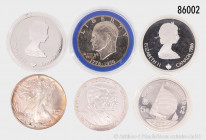 Konv. Verschiedenes, dabei Kanada 2 x 20 Dollars 1986, Olympia Calgary 1988, 925er Silber, China, 5 Yuan 1988, 900er Silber, USA, American Eagle 1987,...
