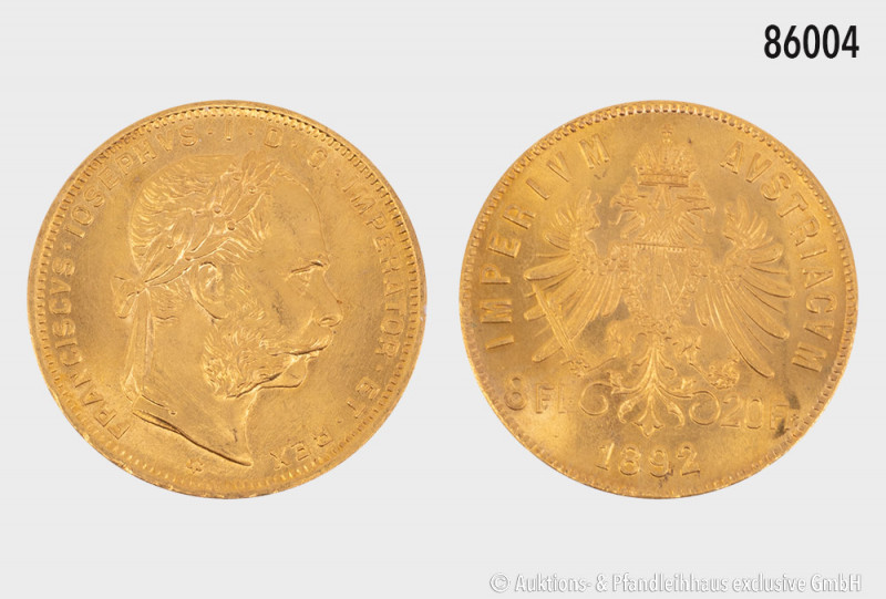 Österreich, 8 Florin 1892, 900er Gold, offizielle NP, 6,44 g, 21 mm, kleine Rand...