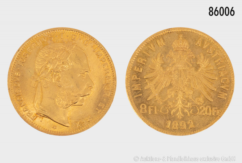 Österreich, 8 Florin 1892, 900er Gold, offizielle NP, 6,45 g, 21 mm, vorzüglich-...