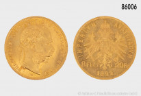 Österreich, 8 Florin 1892, 900er Gold, offizielle NP, 6,45 g, 21 mm, vorzüglich-Stempelglanz
