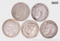 Russland, Konv. 5 x 1 Rubel, Nikolaus II., gemischter Zustand, bitte besichtigen