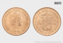 Niederlande, Wilhelmina I., 10 Gulden 1913, 900er Gold, 6,71 g, 22 mm, winzige Kratzer, vorzüglich
