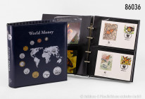 Konv. Sammelalbum "World Money", darin ca. 35 KMS europäischer Staaten, aus Abo-Bezug, dazu Album "WWF", darin Münzen und Briefmarken, FDC zum Thema W...