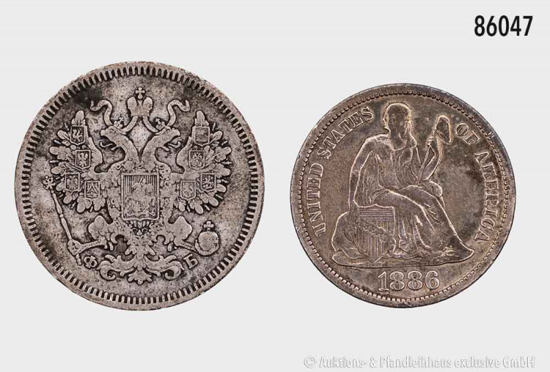 Konv. Russland, 15 Kopeken 1860 und USA One Dime 1886, schön-sehr schön