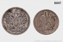 Konv. Russland, 15 Kopeken 1860 und USA One Dime 1886, schön-sehr schön